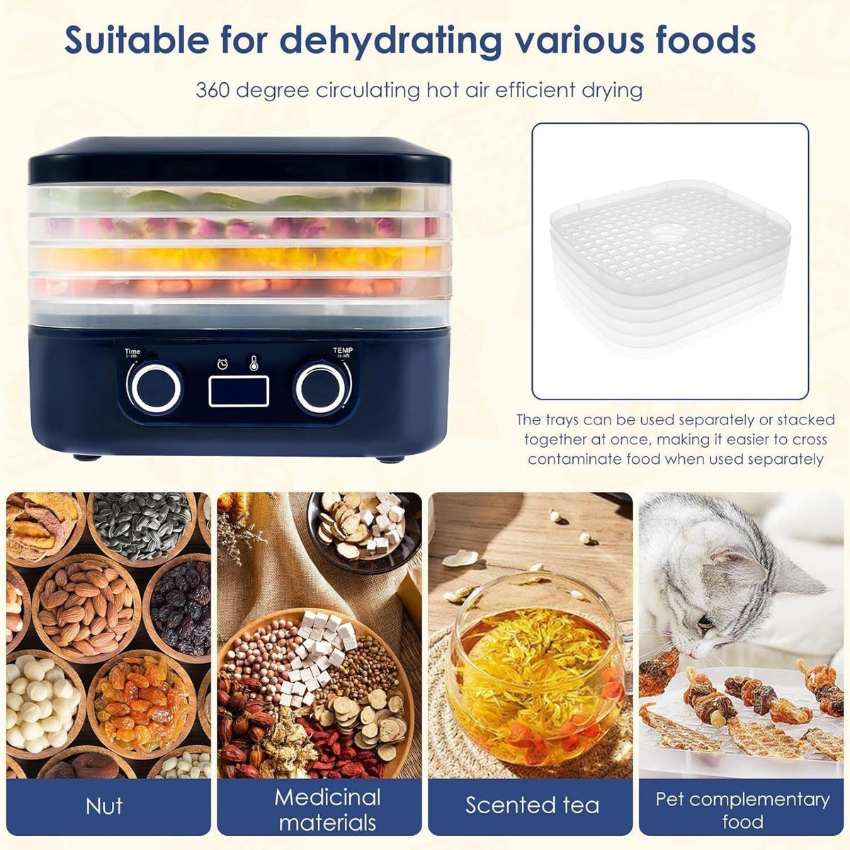DryoraZes 5-Tray Food Dehydrator with 360° Airflow & Timer