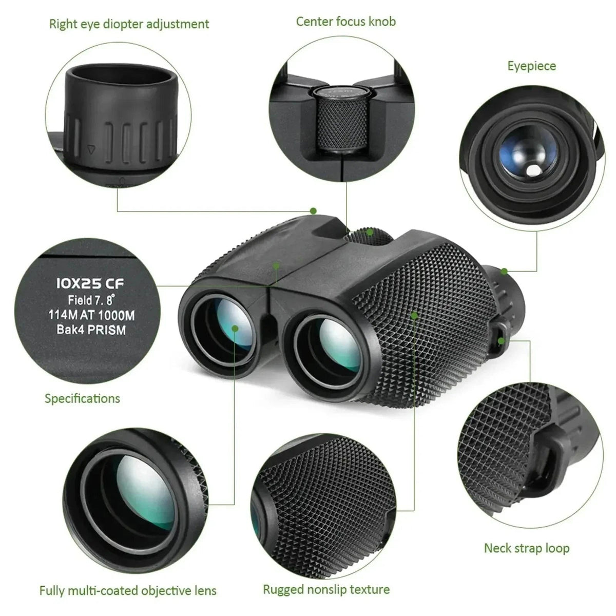 OptiVistiq 10x25 Compact Binoculars for Bird Watching and Travel