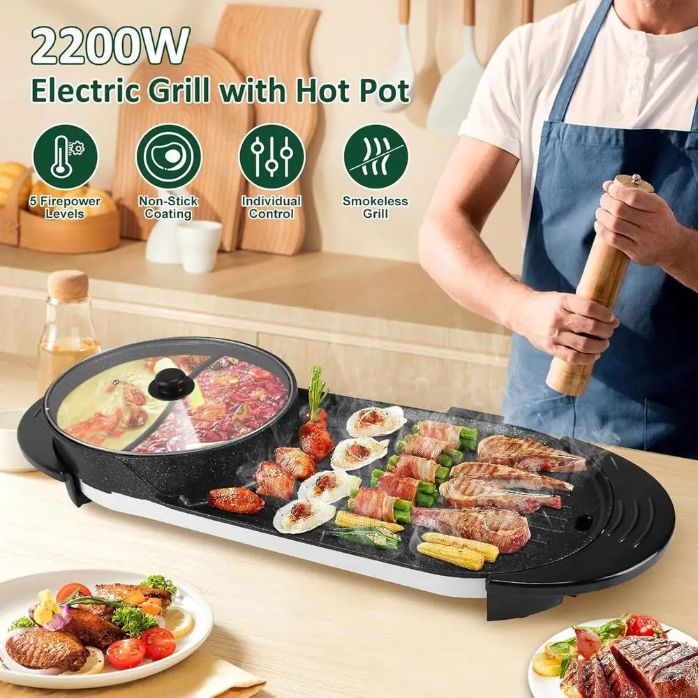 Grillioxi 2-in-1 Electric Hot Pot with BBQ Grill 2200W