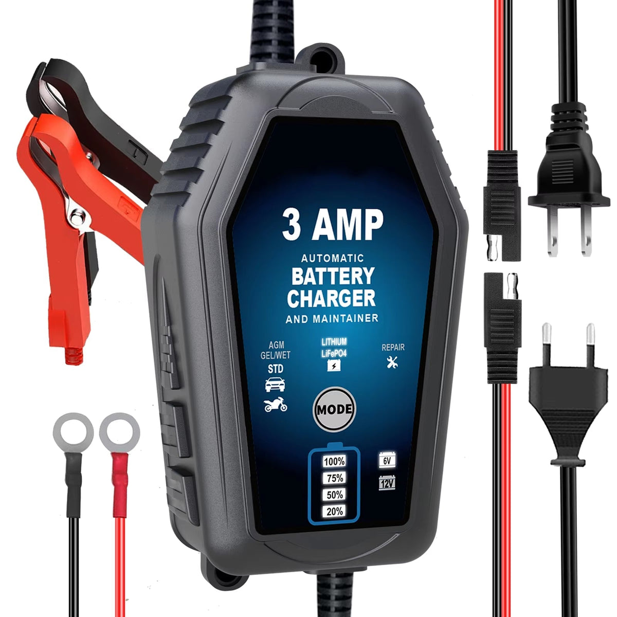 Amprilfy 6V/12V Smart Battery Maintainer and Trickle Charger with Repair Mode