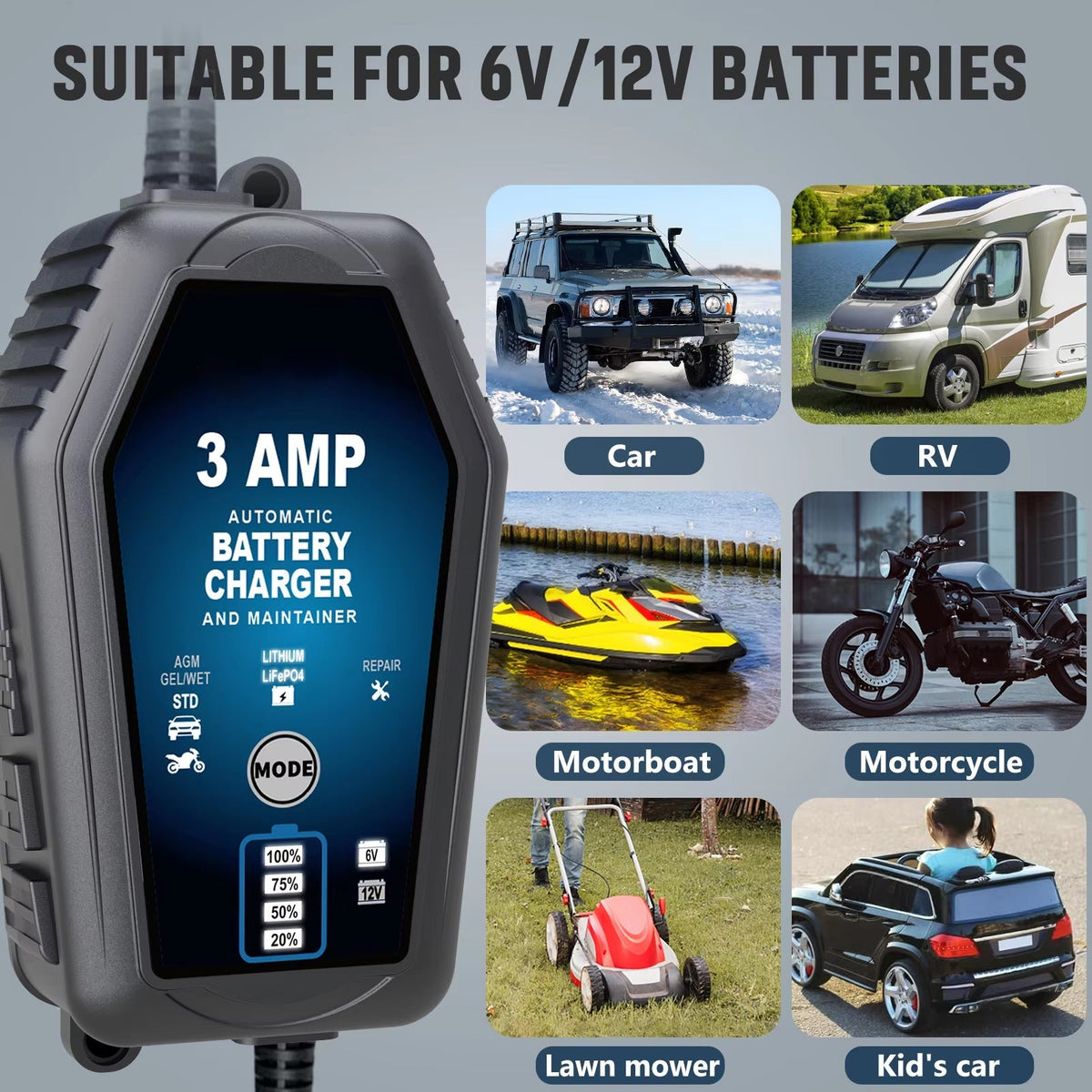Amprilfy 6V/12V Smart Battery Maintainer and Trickle Charger with Repair Mode