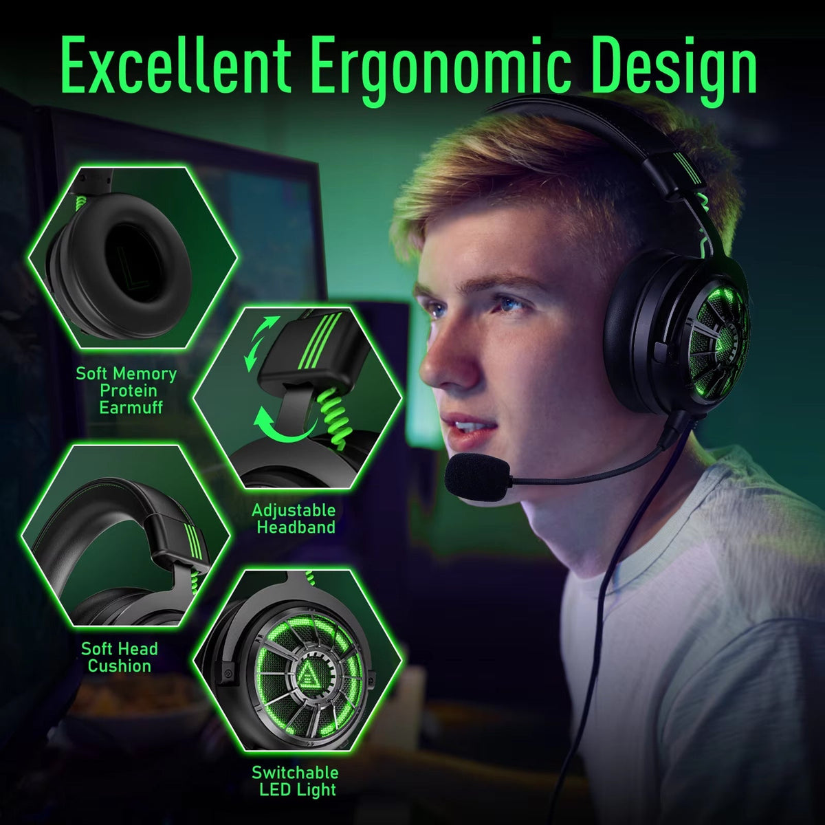 AuziHalo PC Gaming Headset with 7.1 Virtual Surround Sound