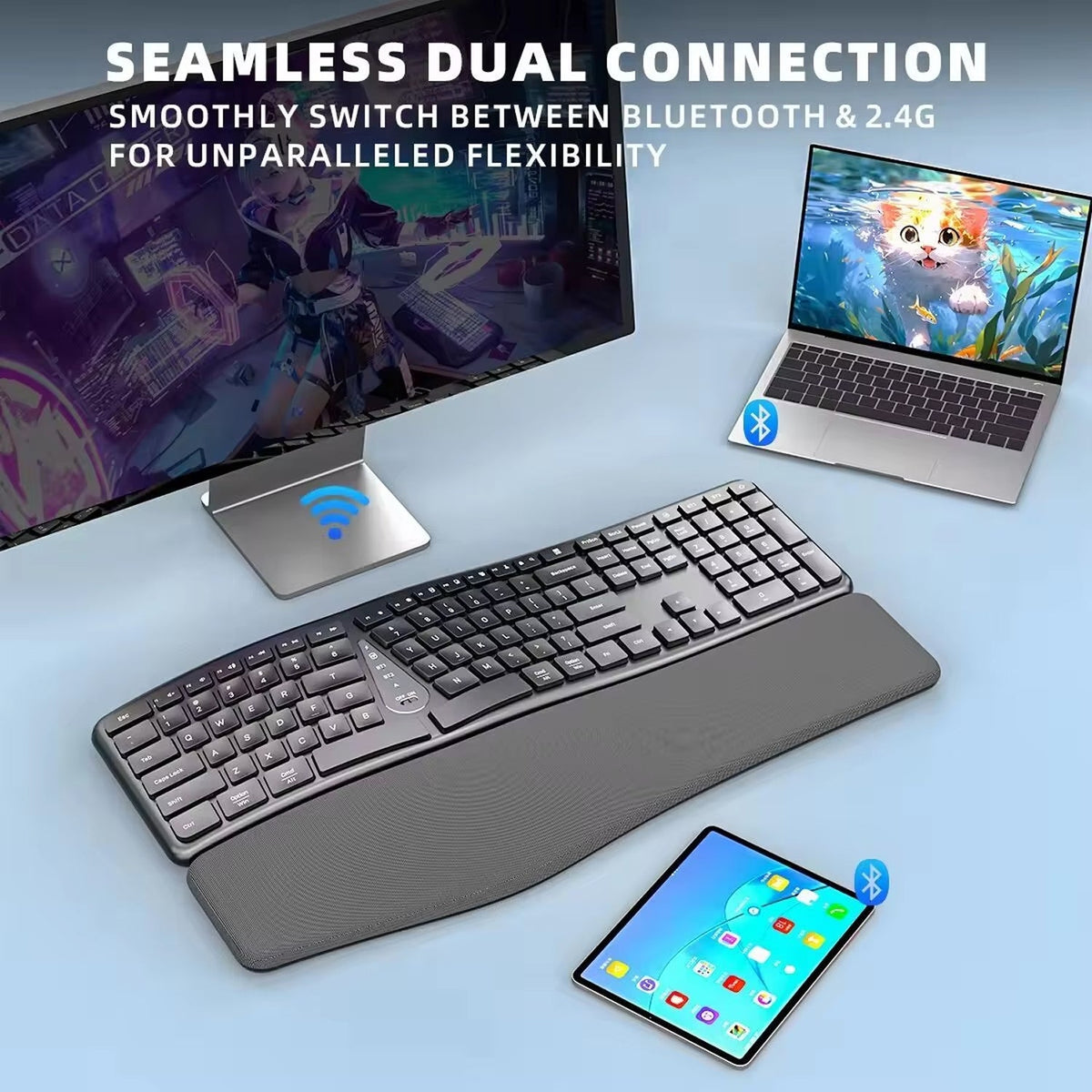 Ergozikey Ergonomic Wireless Keyboard with Memory Sponge Wrist Guard