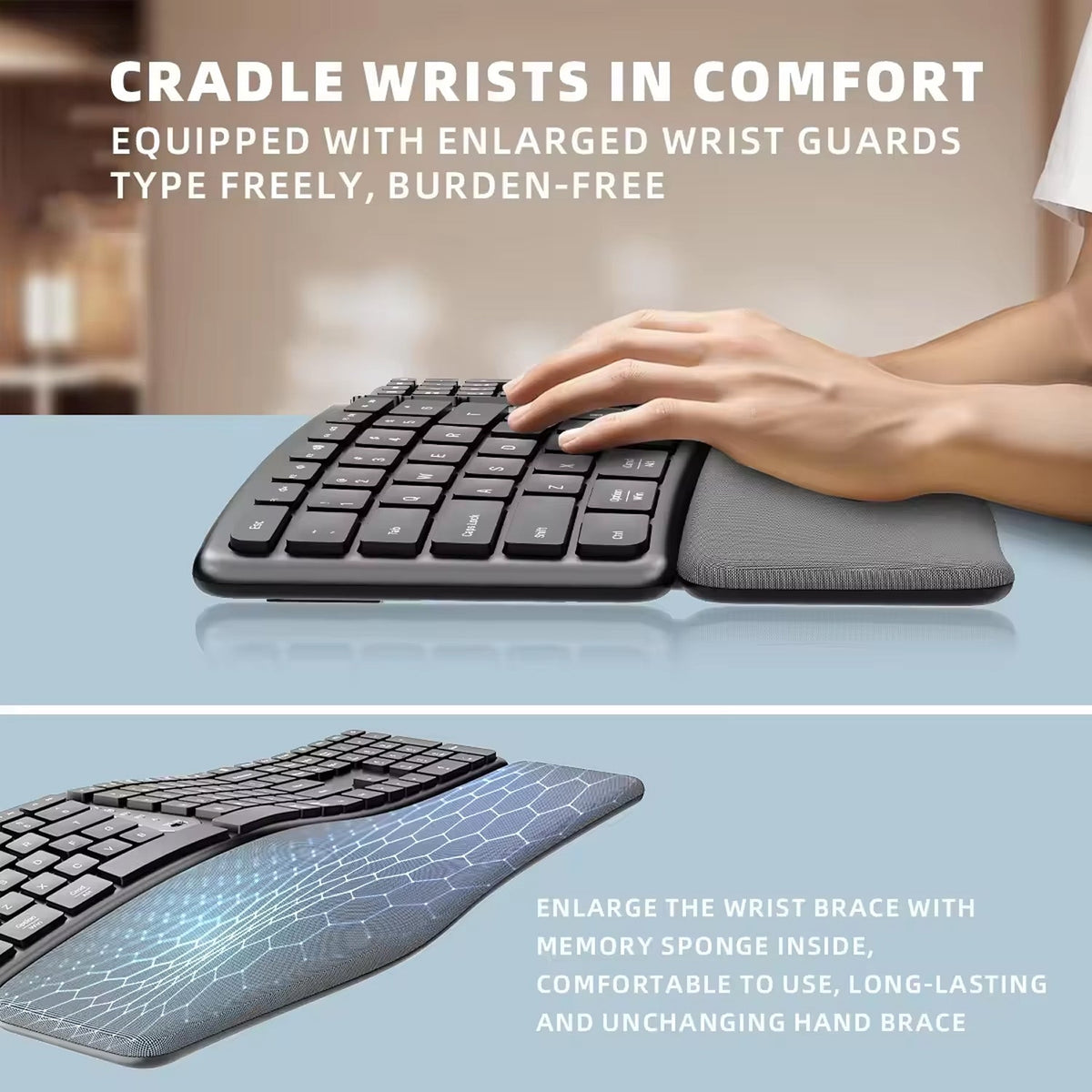 Ergozikey Ergonomic Wireless Keyboard with Memory Sponge Wrist Guard
