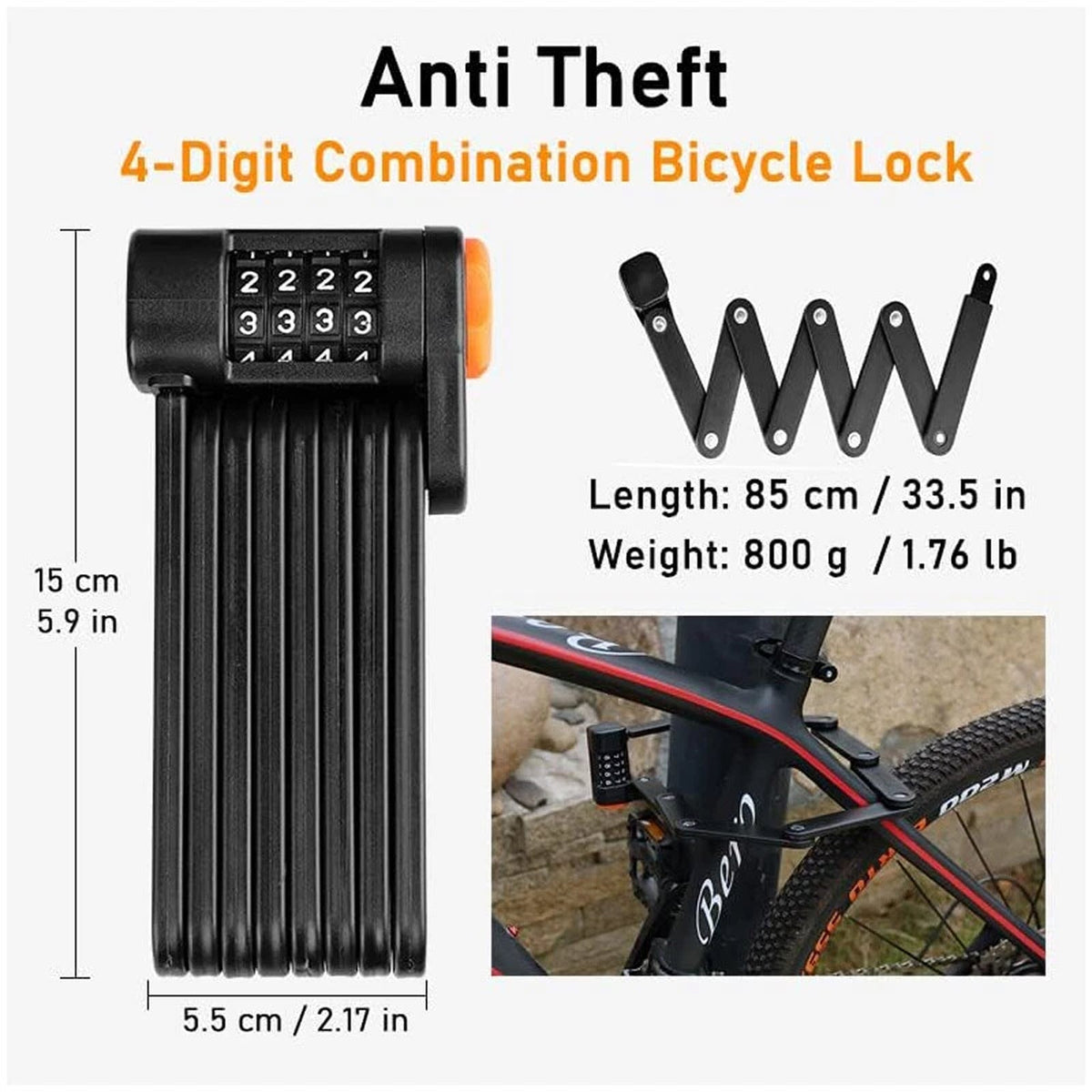 KeepyRide Alloy Steel Folding Bike Lock with 4-Digit Combination