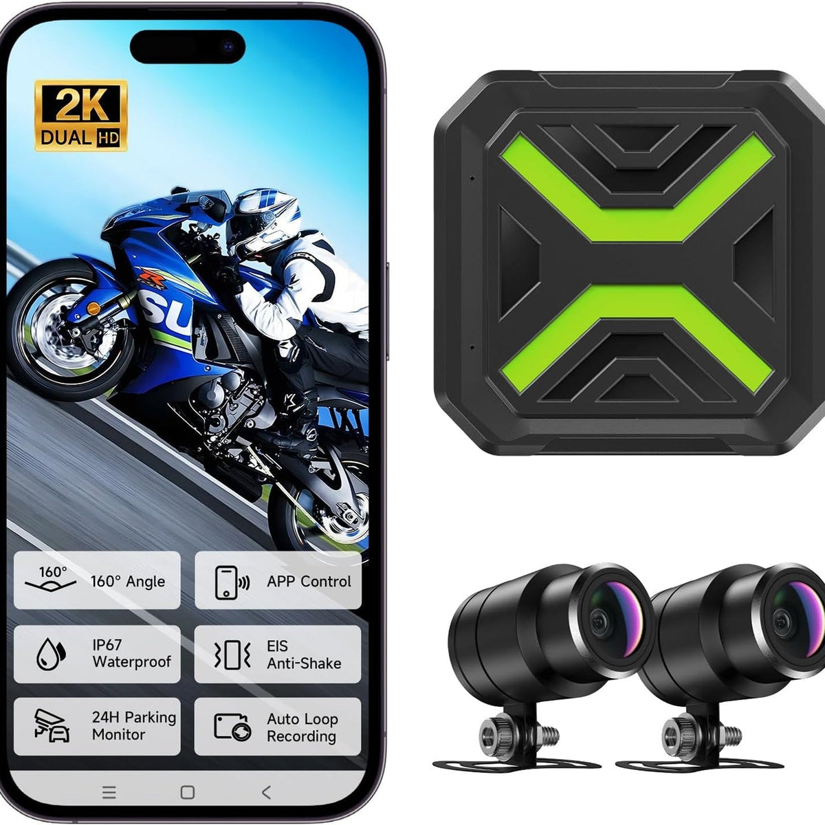 MotoVuexo Dual 2K Motorcycle Dash Cam with EIS & Parking Monitor