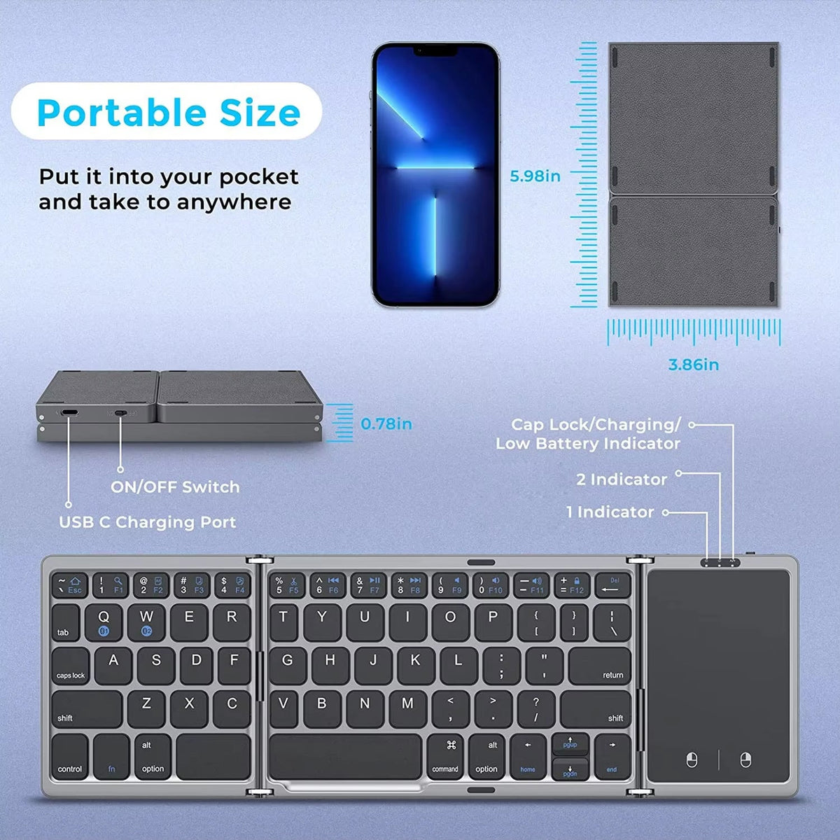 Typzyfol Portable Foldable Bluetooth Keyboard with Touchpad
